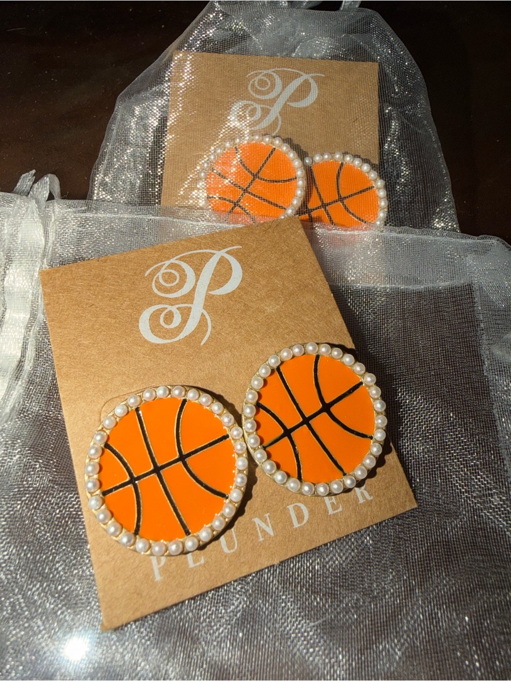 Plunder Orange Basketball Pearl-Trim Stud Earrings - perfect for bb moms! - Picture 3 of 3